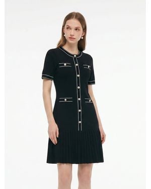 GOELIA Tencel Blend Contrast Trim Pleated Hem Knit Mini Dress - Black