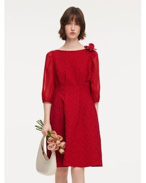 GOELIA Jacquard Boat Neck Midi Dress With Detachable Flower - Red