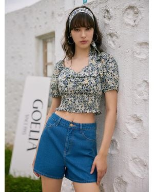 GOELIA Floral Print Square Neck Puff Sleeves Blouse - Gray