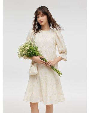 GOELIA Jacquard A-Line Ruffle Midi Dress With Bag - Natural