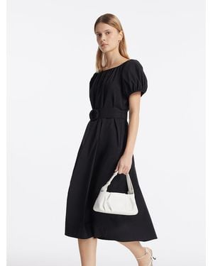 GOELIA Puff Sleeves Midi Dress With Belt - Black