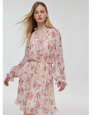 GOELIA 10 Momme Mulberry Silk Iris Print Ruffle Mini Dress - Pink