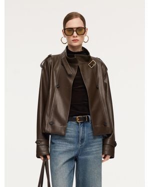 GOELIA Pu Leather Double-Breasted Trench Jacket - Brown