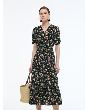 GOELIA 16Mm Mulberry Silk Floral Print Puff Sleeve Maxi Dress - Green