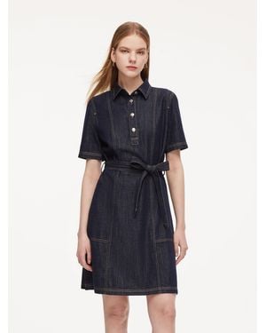 GOELIA 100% Cotton Denim A-Line Mini Shirt Dress With Self-Tie Belt - Blue