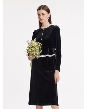 GOELIA Ruffle Collar Velvet Midi Dress - Blue