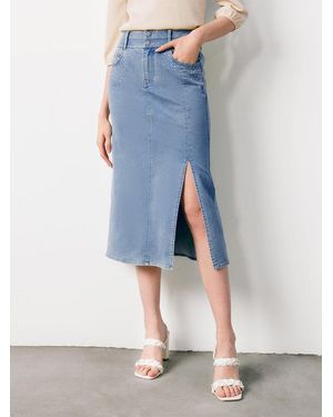 GOELIA High Waist Slit Midi Denim Skirt - Blue