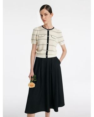 GOELIA Contrast Trim Striped Knit Top And Half Skirt Two-Piece Set - White