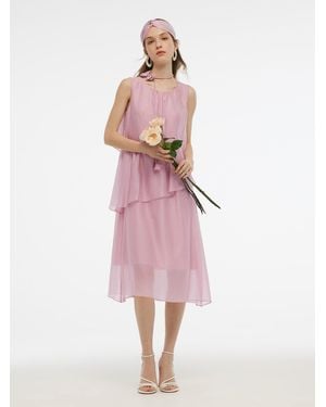 GOELIA Ruffle Tiered Vest Midi Dress With Hairband And Bowknot Choker - Pink