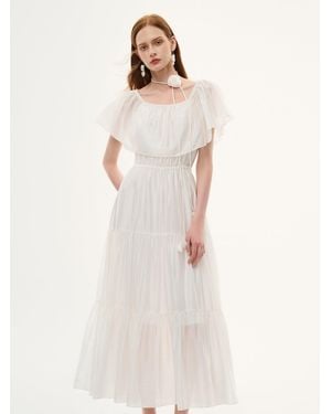GOELIA Tencel Blend Conovertible Neck Gathered Waist Maxi Dress With Floral Ribbon - Natural
