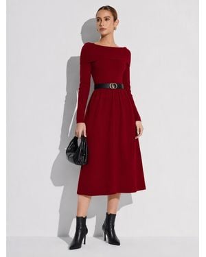 GOELIA Tencel Wool Blend Boat Neck Knit Maxi Dress With Leather Belt - Red