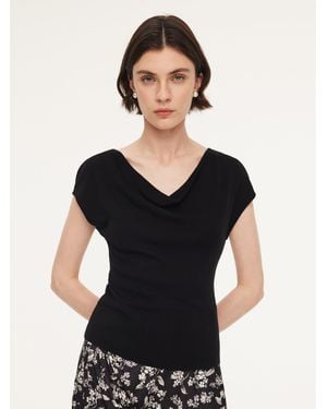 GOELIA Tencel Mulberry Silk Cowl Neck Cap Sleeve Knit Top - Black