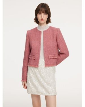 GOELIA Wool Blend Tweed Frayed Hem Jacket - Red