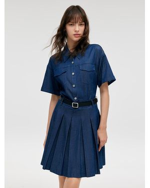GOELIA Double-Layer Denim Mini Dress With Belt - Blue