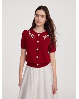 GOELIA Lyocell Blend Jacquard Knit Top With Detachable Knit Flowers - Red