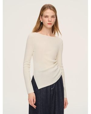 GOELIA Wool Acetate Blend Boat Neck Side Drawstring Knit Top - White