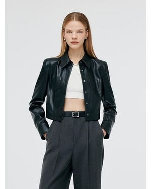 GOELIA Pu Leather Lapel Double-Breasted Jacket - Blue