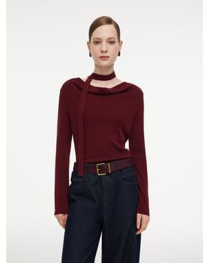 GOELIA Tencel Wool Blend Cowl Neck Knit Top With Ribbon - Red