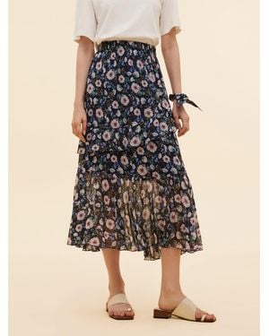 GOELIA 10Mm Mulberry Silk Floral Print Tiered Skirt - Multicolor