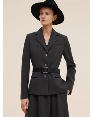 GOELIA Worsted Wool Blend Blazer With Fringe Scarf And Belt - Black