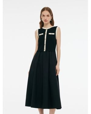GOELIA Lyocell Contrast Trim Patchwork Vest Midi Dress - Black