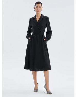 GOELIA Worsted Wool V-Neck Lapel Midi Dress - Black