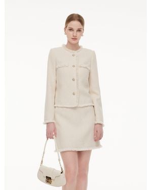 GOELIA Wool Blend Tweed Fringe Trim Jacket - Natural