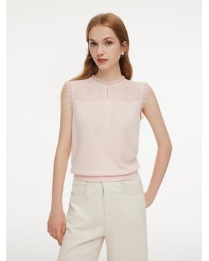 GOELIA Jacquard Cut Out Neckline Ruffle Knit Tank Top - Natural