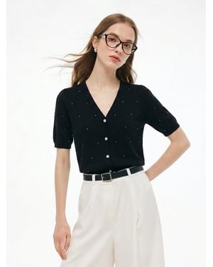 GOELIA Tencel Wool Blend Rhinestone V-Neck Cardigan - Black