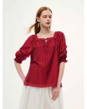 GOELIA Tencel Blend Embroidered Square Neck Blouse