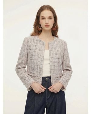 GOELIA Wool Blend Textured Tweed Frayed Hem Jacket - Natural
