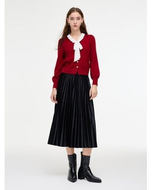 GOELIA Knit Top And Velvet Pleated Skirt Two-Piece Set With Detachable Ribbon - Red