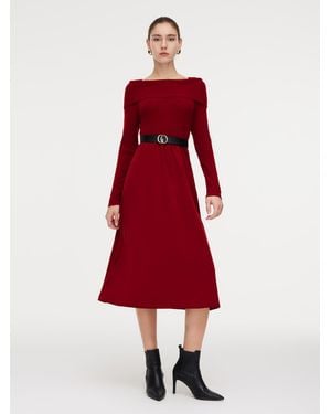 GOELIA Tencel Wool Blend Boat Neck Knit Maxi Dress With Leather Belt - Red