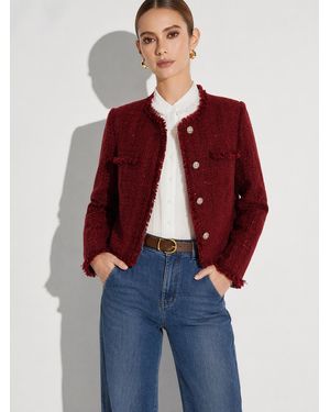 GOELIA Wool Blend Tweed Sequins Fringe Trim Jacket - Red