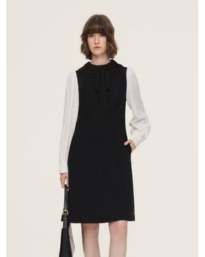 GOELIA Worsted Wool Blend Ruffle Collar Mini Dress With Detachable Ribbon - Blue