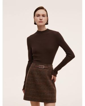 GOELIA 100% Machine Washable Wool Mock Neck Knit Top - Brown