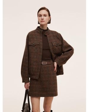 GOELIA 100% Wool Plaid Zip-Up Jacket - Brown