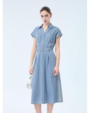 GOELIA 100% Cotton Denim V-Neck Maxi Shirt Dress With Belt - Blue