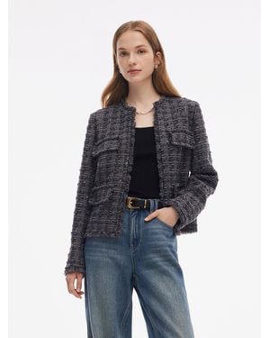 GOELIA Wool Blend Sequins Tweed Frayed Edge Crop Jacket - Blue