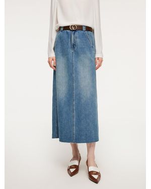 GOELIA Lyocell Cotton Blend Denim Frayed Hem Skirt With Belt - Blue