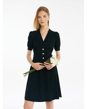GOELIA Pre-Order Tencel-Acetate Blend V-Neck Gathered Waist Mini Dress - Black