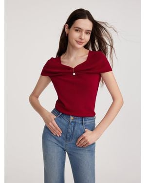 GOELIA Lyocell Blend Off Shoulder Knit Top With Detachable Magnetic Flower - Red