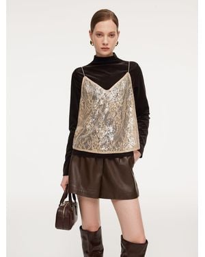 GOELIA Lace Sequins Camisole And Velvet Knit Top Two-Piece Set - Natural