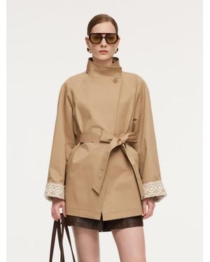 GOELIA Cotton Stand Collar Lace Cuffs Self-Tie Belt Trench Coat - Natural
