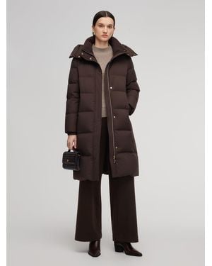 GOELIA H-Line Knit Collar Long Goose Down Coat With Detachable Hood - Brown