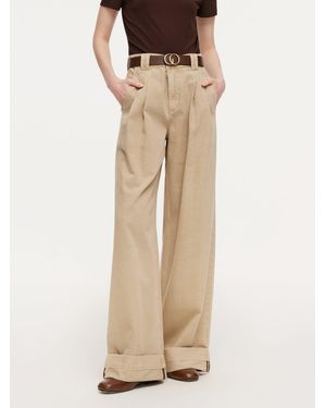 GOELIA Cotton Denim Straight Wide Leg Folded Jeans With Belt - Natural