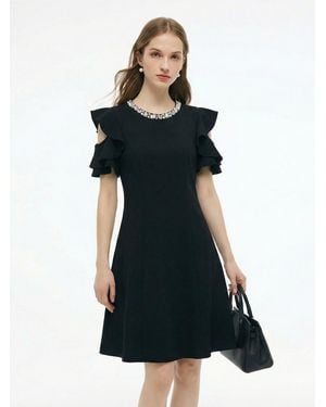 GOELIA Ruffle Cold Shoulder Knit Mini Dress - Black