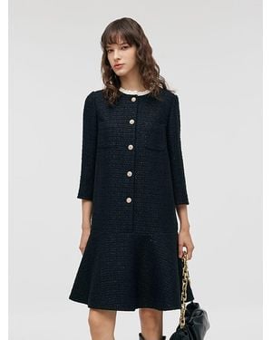 GOELIA Tweed A-Line Ruffle Collared Midi Dress - Blue
