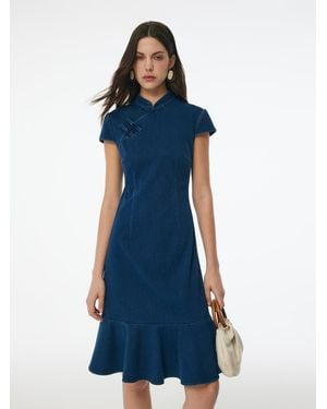 GOELIA Denim Ruffle Hem Stretchy Knit Qipao Mini Dress - Blue