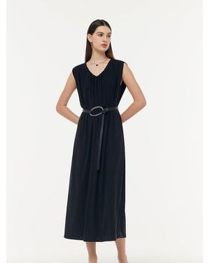GOELIA Tencel Knit Sleeveless Midi Dress With Leather Belt - Blue